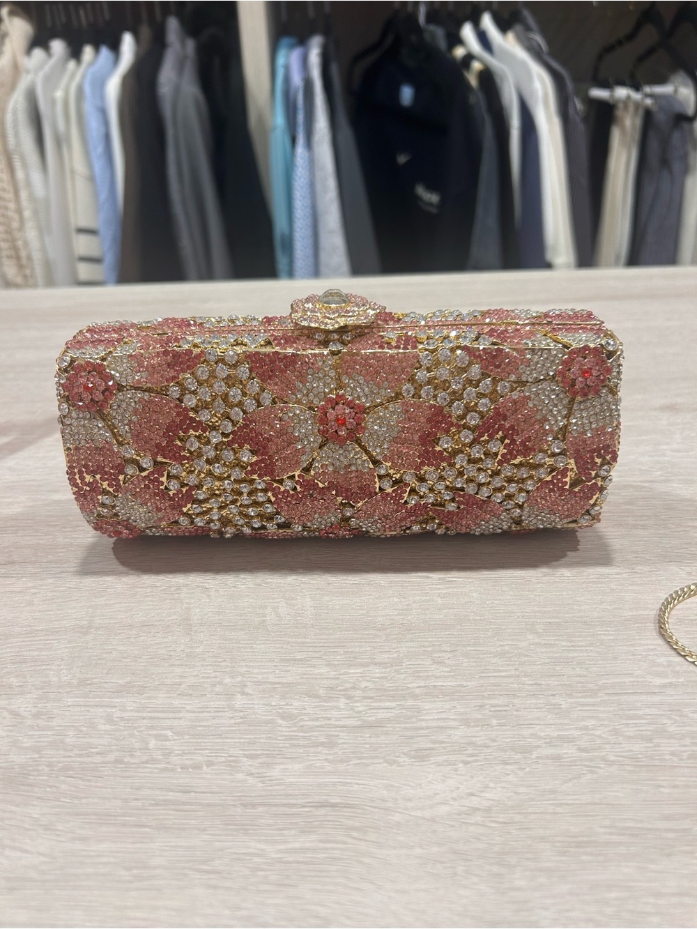 Crystal Floral Pink and Gold Evening Clutch